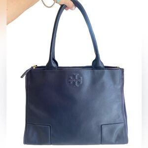 Tory Burch Ella Canvas Leather Tote Bag in Navy Blue